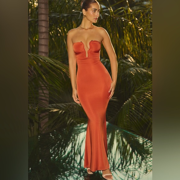 KEHLANI: Slinky Jersey Hardware Detail Strapless Maxi Dress in Burnt Orange - Picture 1 of 7